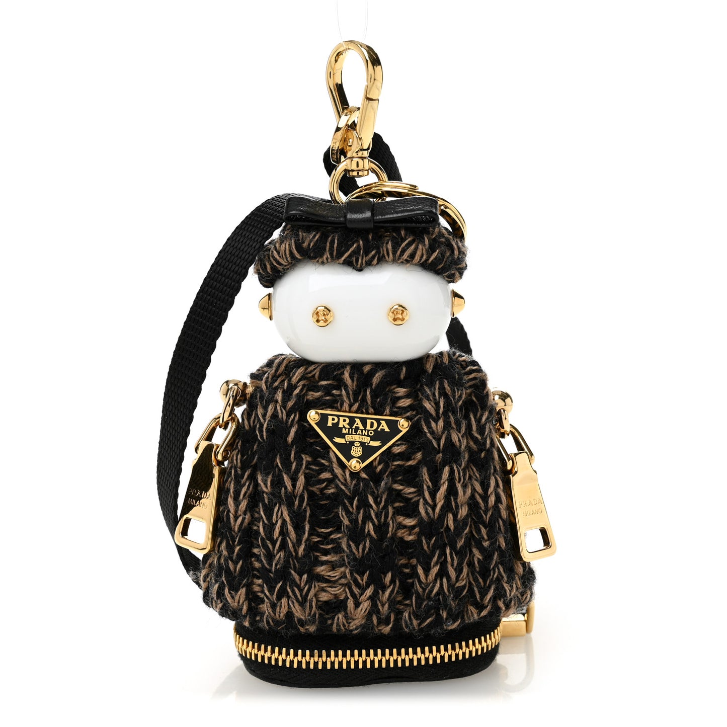 Knitted Soft Lambskin Robot Keychain With Strap Black Camel