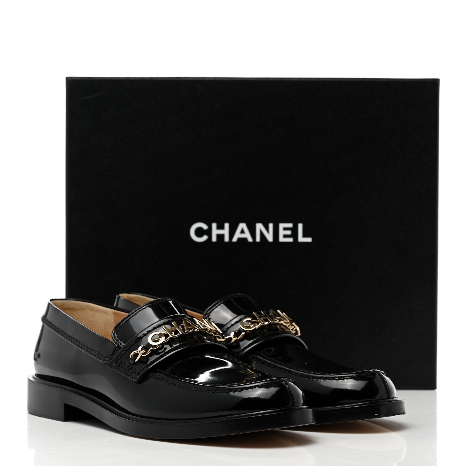 Chanel Shiny Calfskin Logo Loafers 39 Black 11 of 11