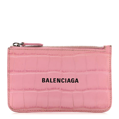 Balenciaga Shiny Calfskin Logo Crocodile Embossed Large Cash Long Coin Card Holder Pink Black 1 of 8