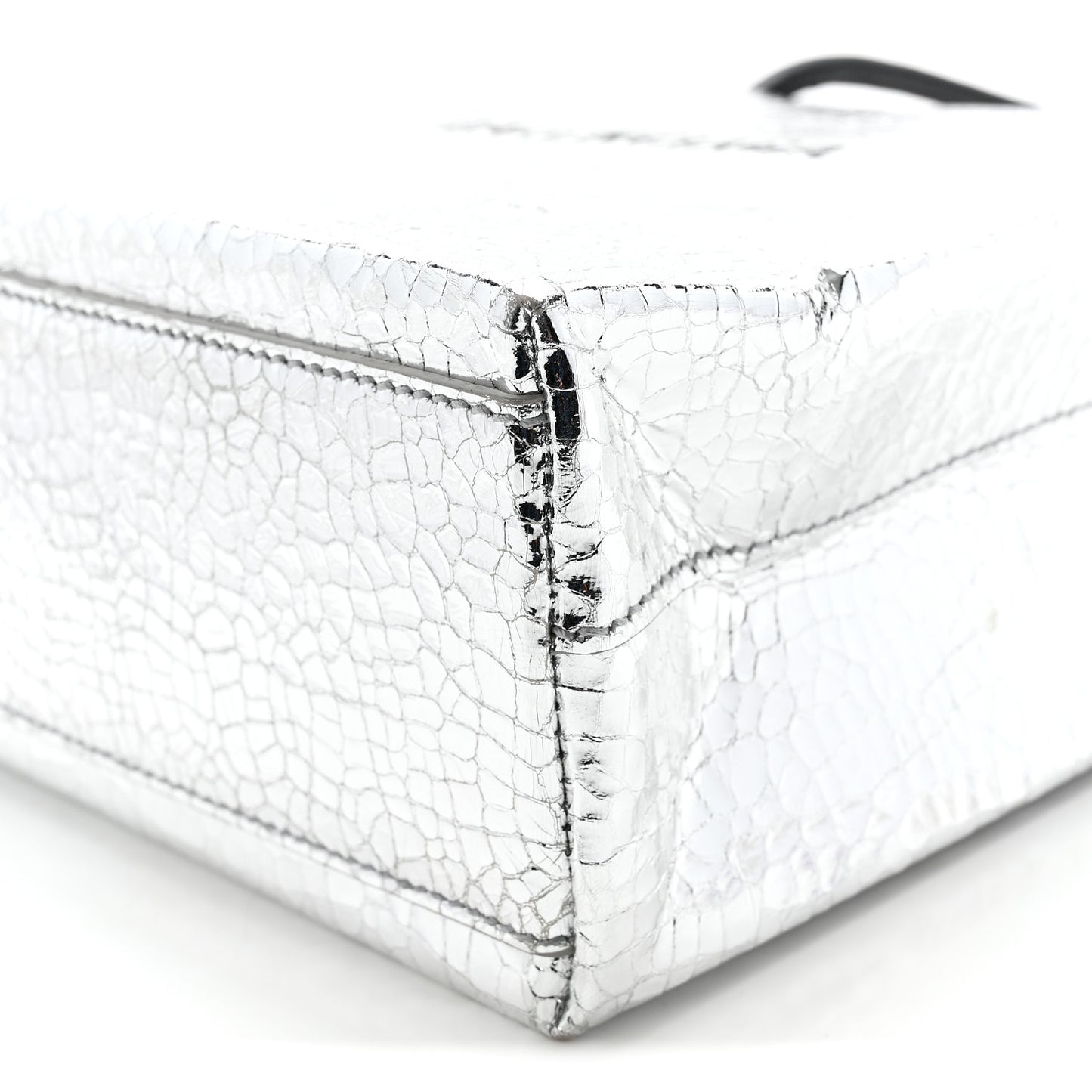 Crackled Mirror Calfskin Logo North South Shopper Tote XXS Silver