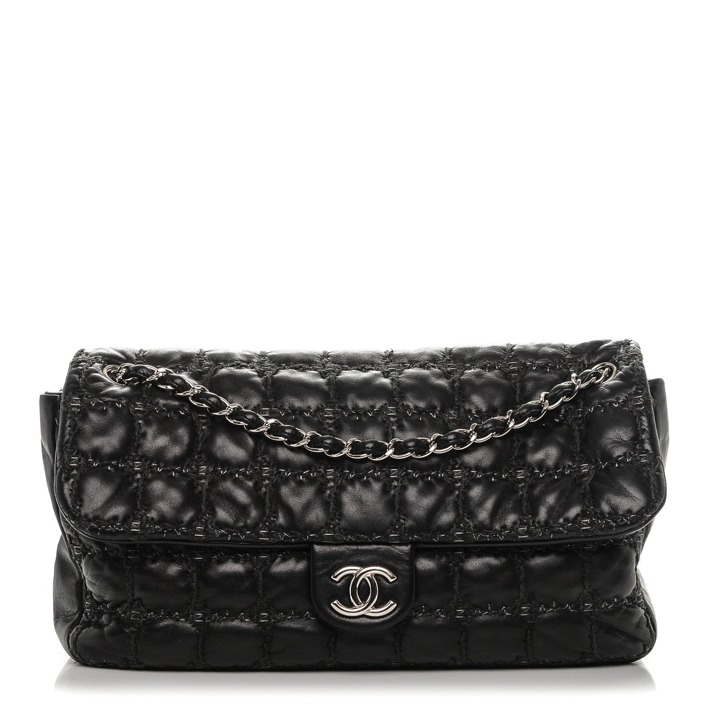 Lambskin Tweed Double Stitch Maxi Flap Black