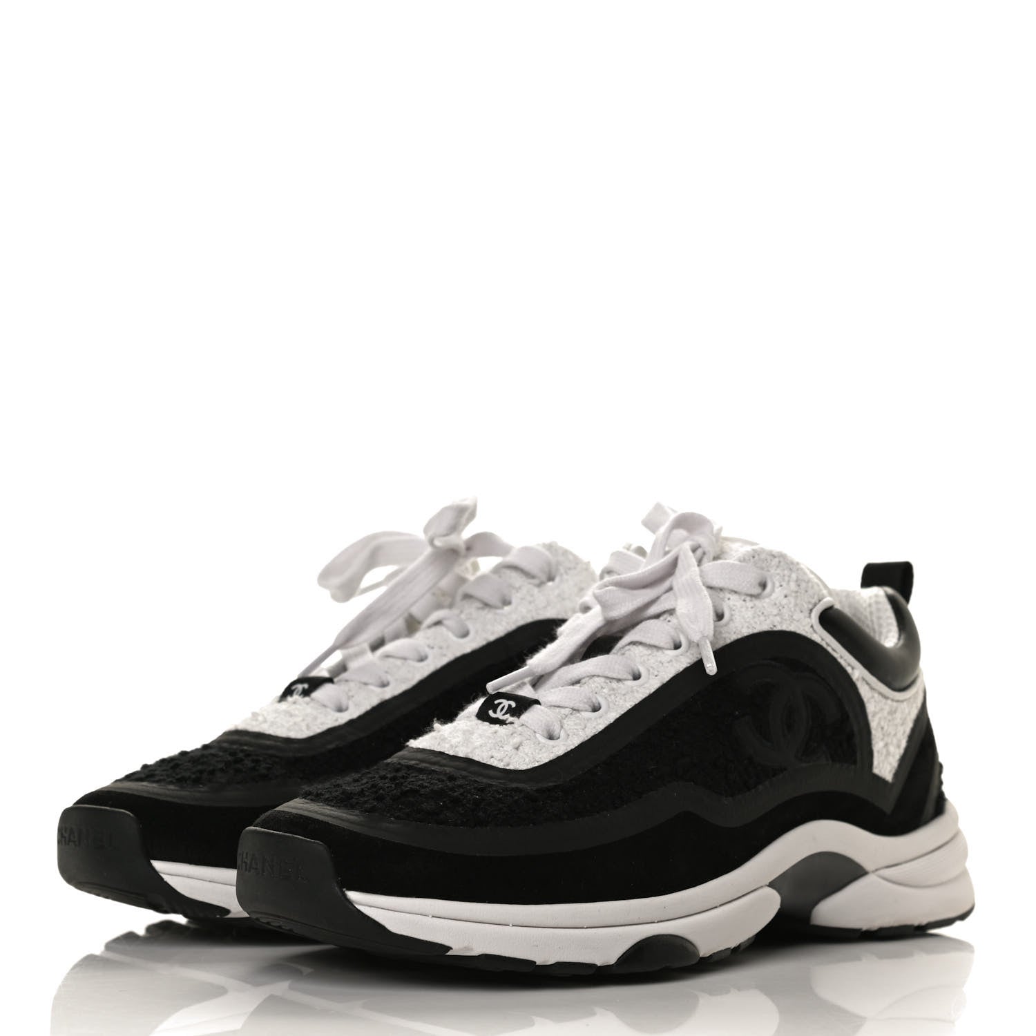 Chanel Tweed Suede Calfskin CC Sneakers 37 Black White 3 of 11