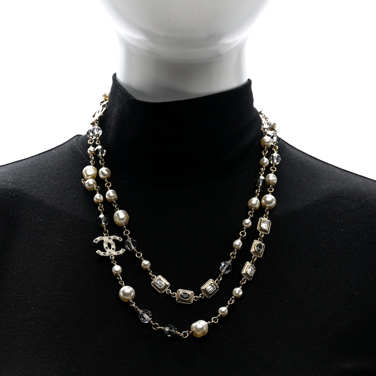 Pearl Bead Enamel CC Long Necklace Gold Grey