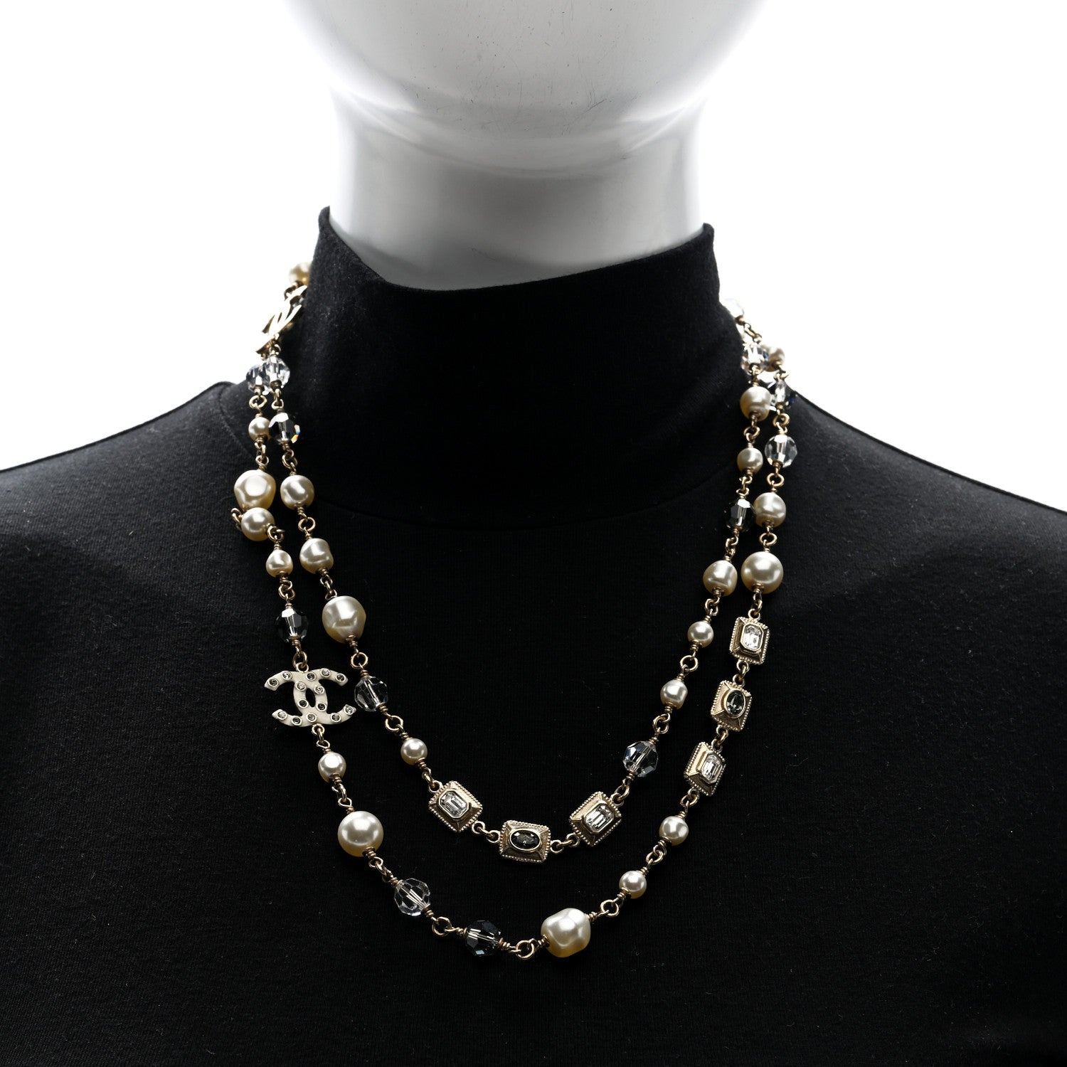 Chanel Pearl Bead Enamel CC Long Necklace Gold Grey 2 of 4