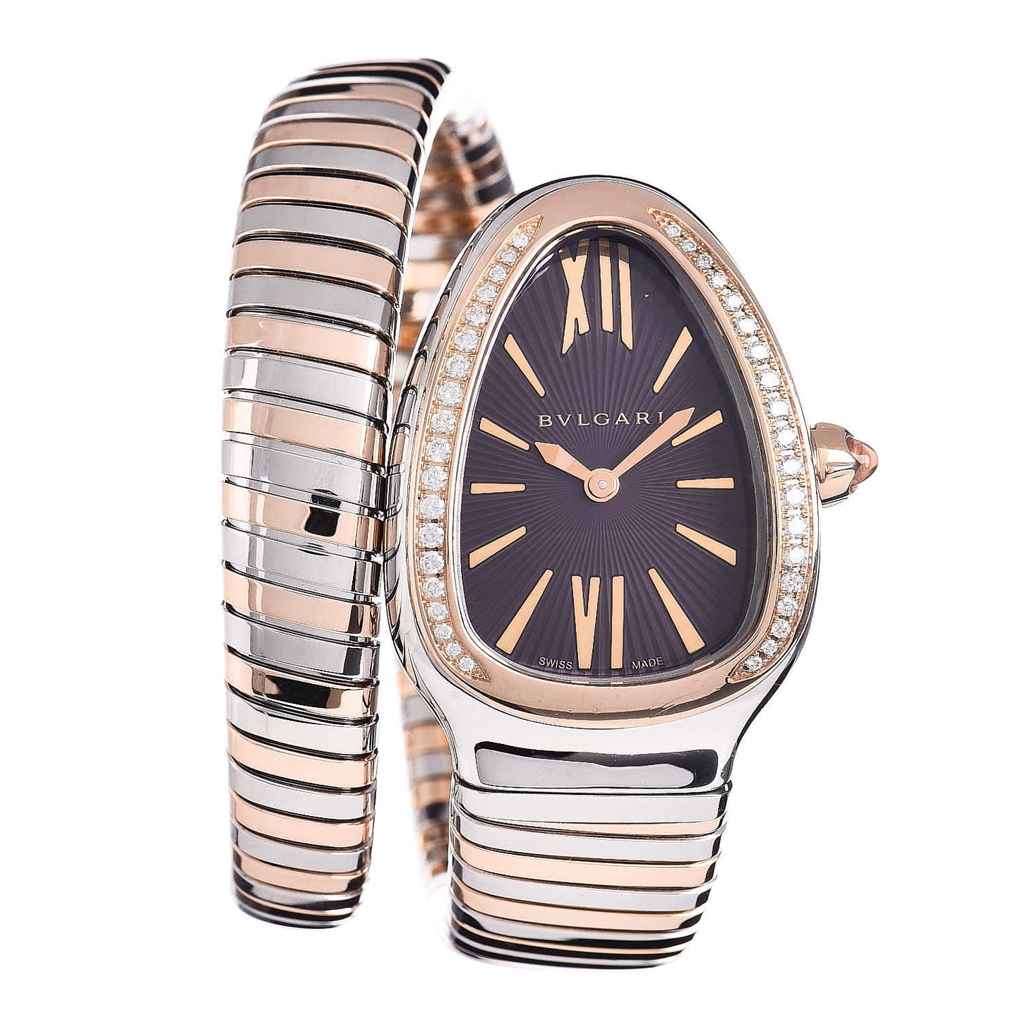 Stainless Steel 18K Rose Gold Diamond Bezel 35mm Serpenti Tubogas Quartz Watch Purple