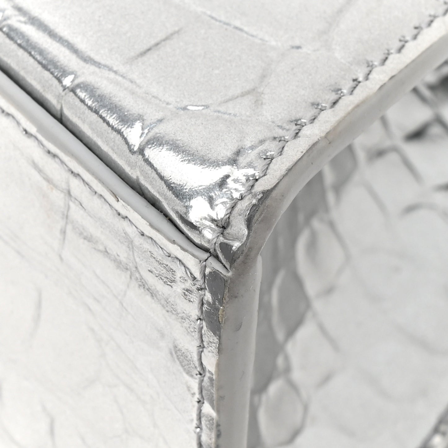Metallic Calfskin Crocodile Embossed Crystal Hourglass Top Handle Bag XS Silver