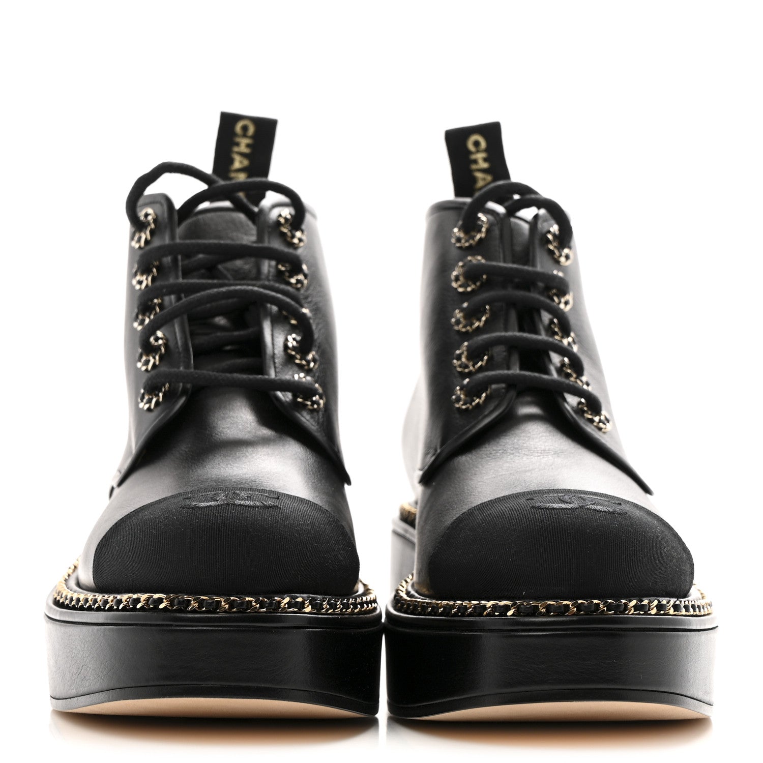 Chanel Calfskin Grosgrain Chain Lace Up CC Short Boots 37.5 Black 3 of 11