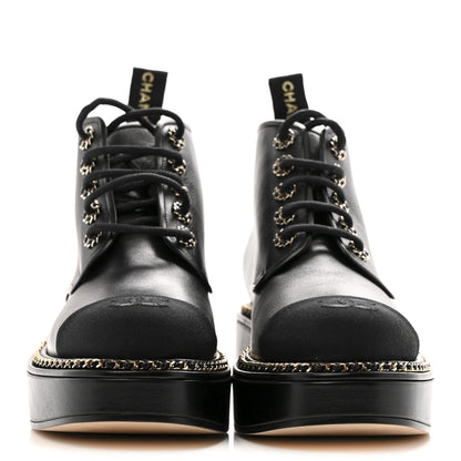 Chanel Calfskin Grosgrain Chain Lace Up CC Short Boots 37.5 Black 3 of 11