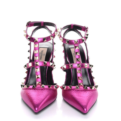 Valentino Garavani Metallic Pebbled Calfskin Rockstud Ankle Strap Pumps 36 Peony 2 of 8