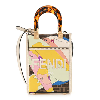 Fendi Glazed Fabric Vitello King Plexiglass FF 1974 Logo Hairdo Girls Inlay Mini Fendi Sunshine Shopper Tote Mogano Panna Multicolor 1 of 10