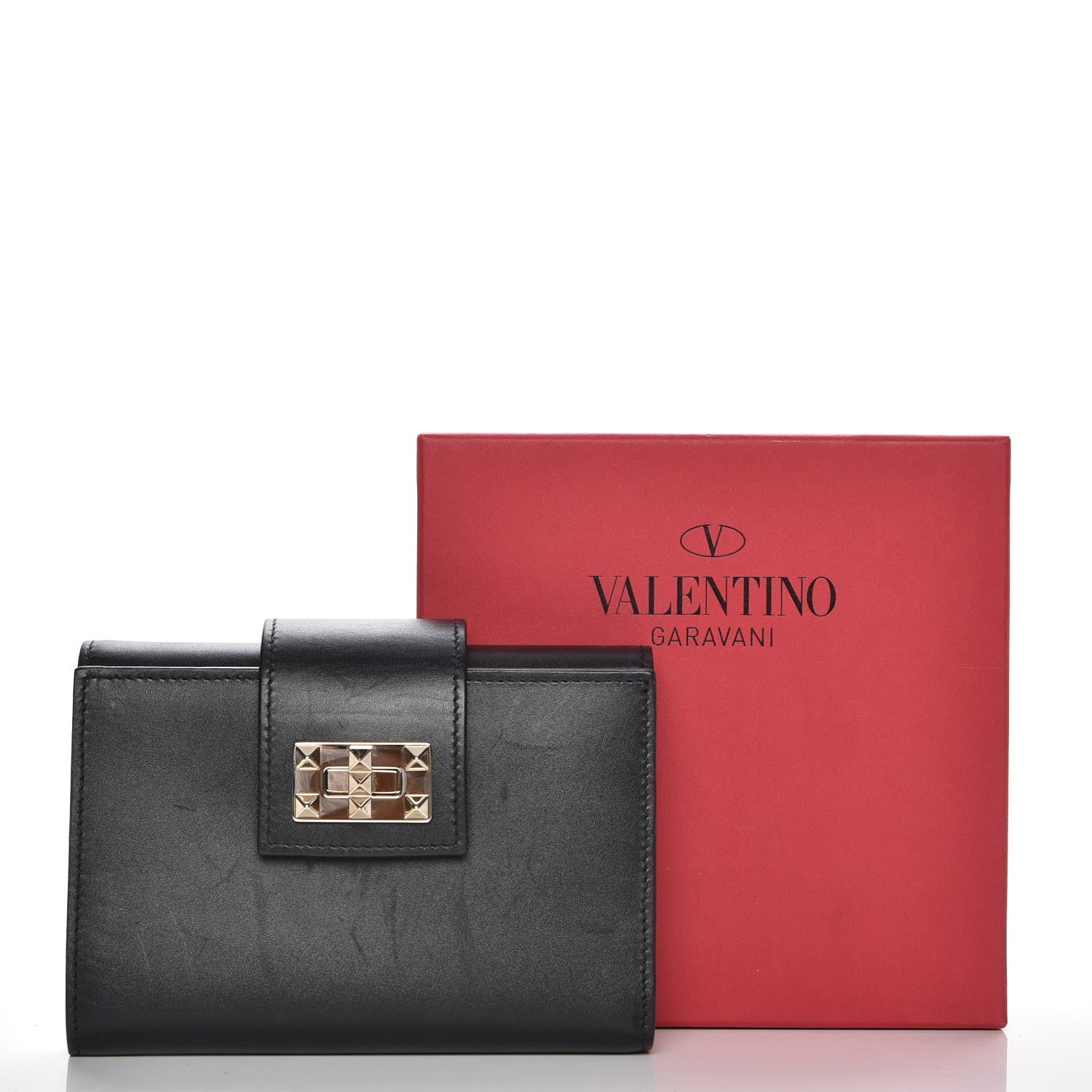 Valentino Garavani Vitello Rockstud Turn Lock Compact Wallet Black 10 of 10