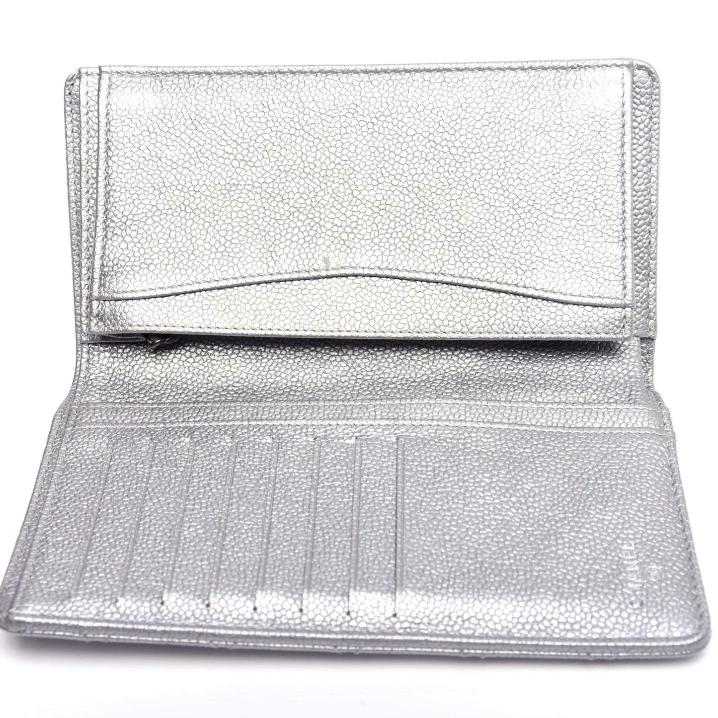 Metallic Caviar Quilted Yen Wallet Silver