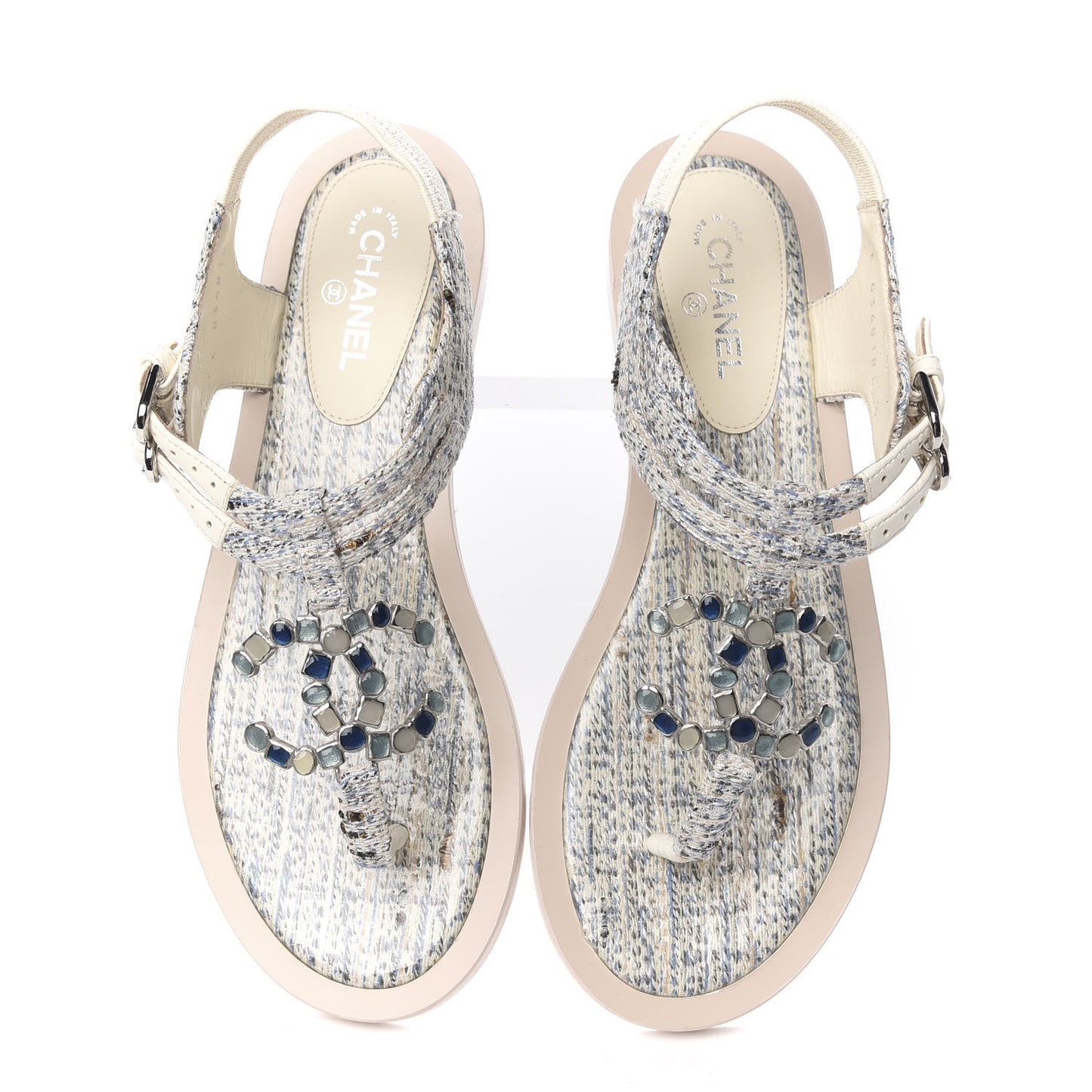 Tweed CC Thong Sandals 37 Ecru Blue Beige Grey