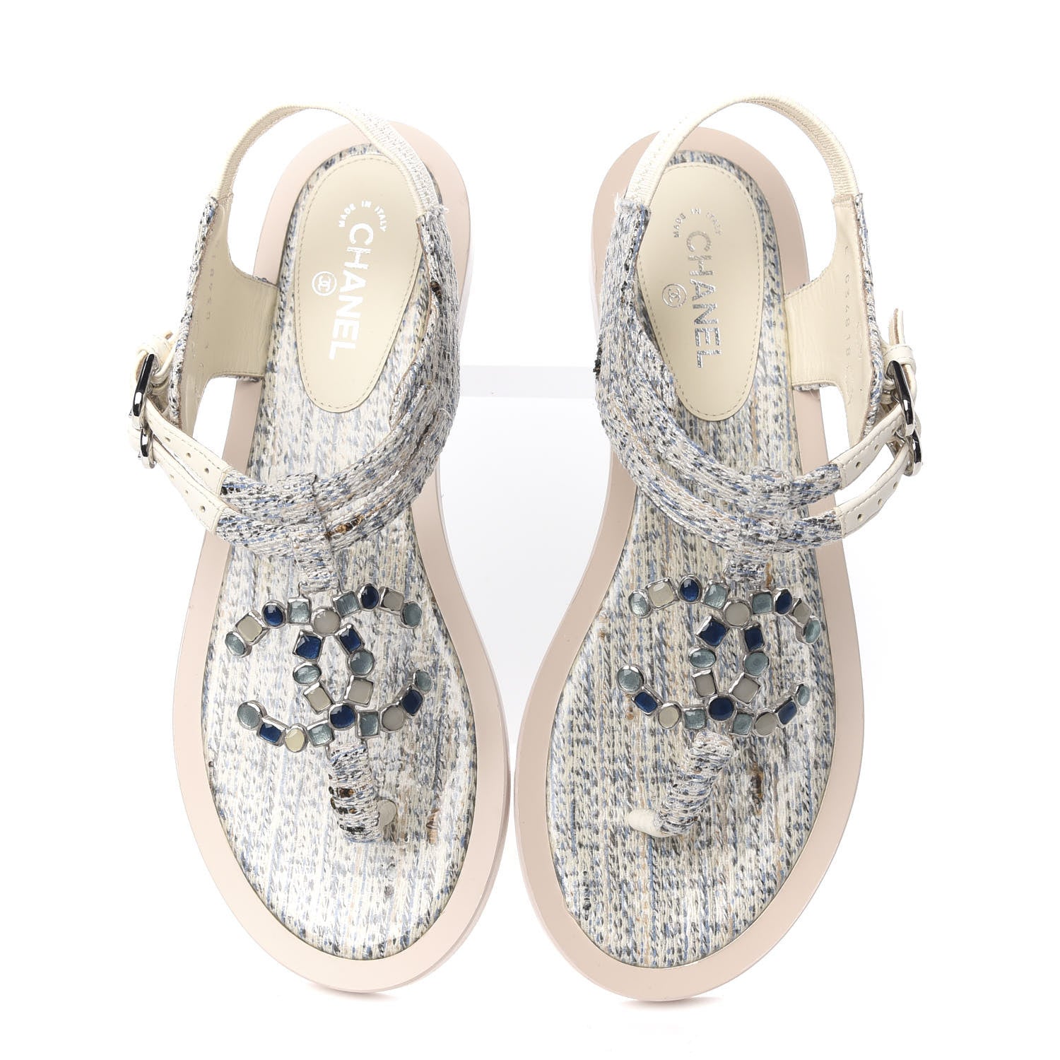 Chanel Tweed CC Thong Sandals 37 Ecru Blue Beige Grey 9 of 10