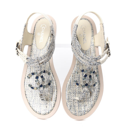 Chanel Tweed CC Thong Sandals 37 Ecru Blue Beige Grey 9 of 10