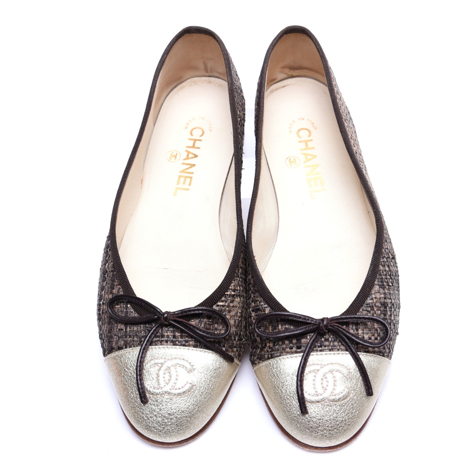 Chanel Tweed Metallic Lambskin CC Cap Toe Ballerina Flats 38 Gold 7 of 15