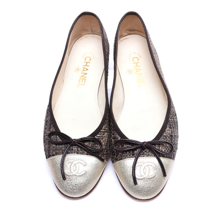 Chanel Tweed Metallic Lambskin CC Cap Toe Ballerina Flats 38 Gold 7 of 15