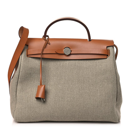 Hermes Military Toile Vache Hunter Herbag Zip Retourne 31 PM Beton Naturel 1 of 11