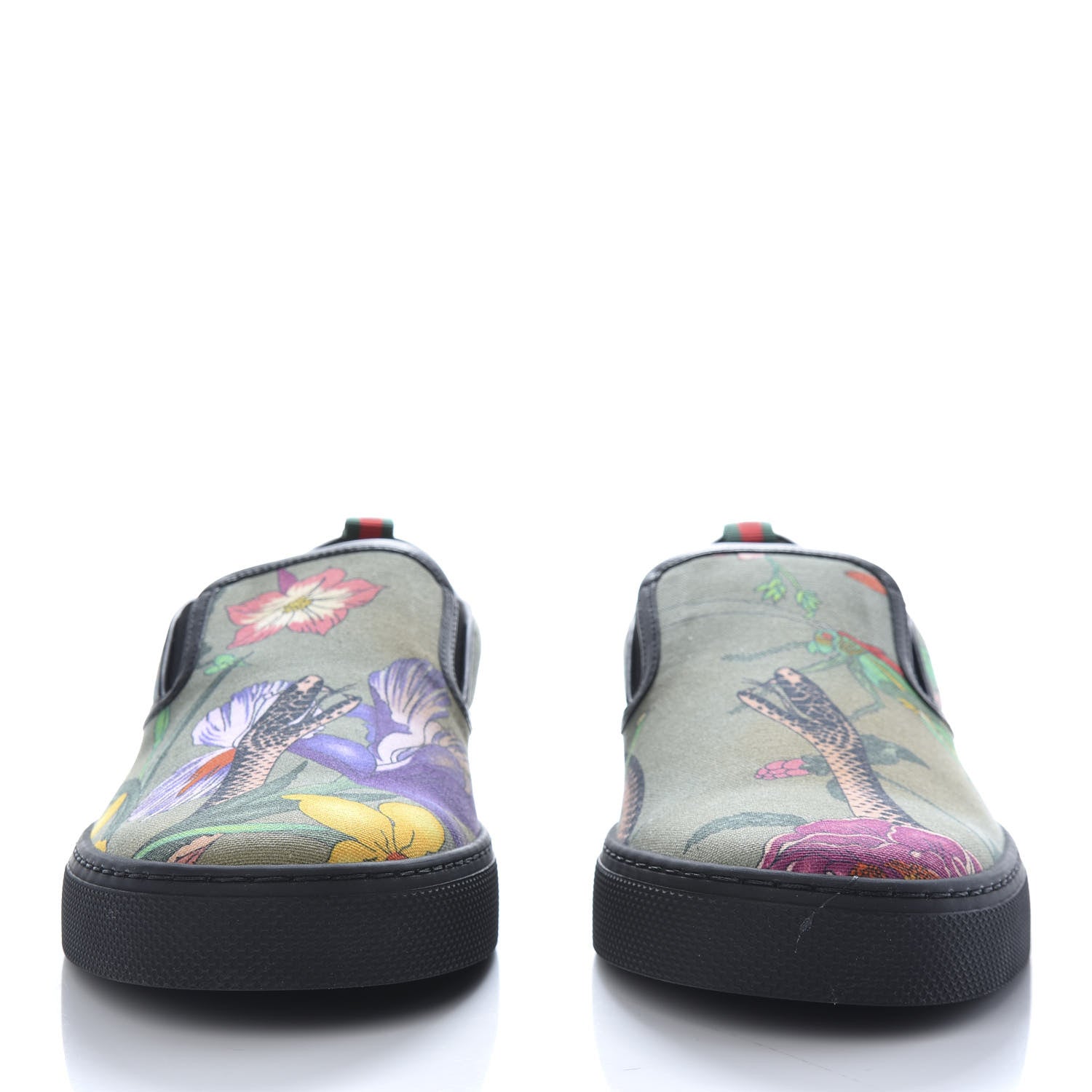 Gucci Canvas Miro Soft Calfskin Web Floral Snake Print Mens Dublin Slip On Sneakers 8 Militare Multicolor Black 2 of 11