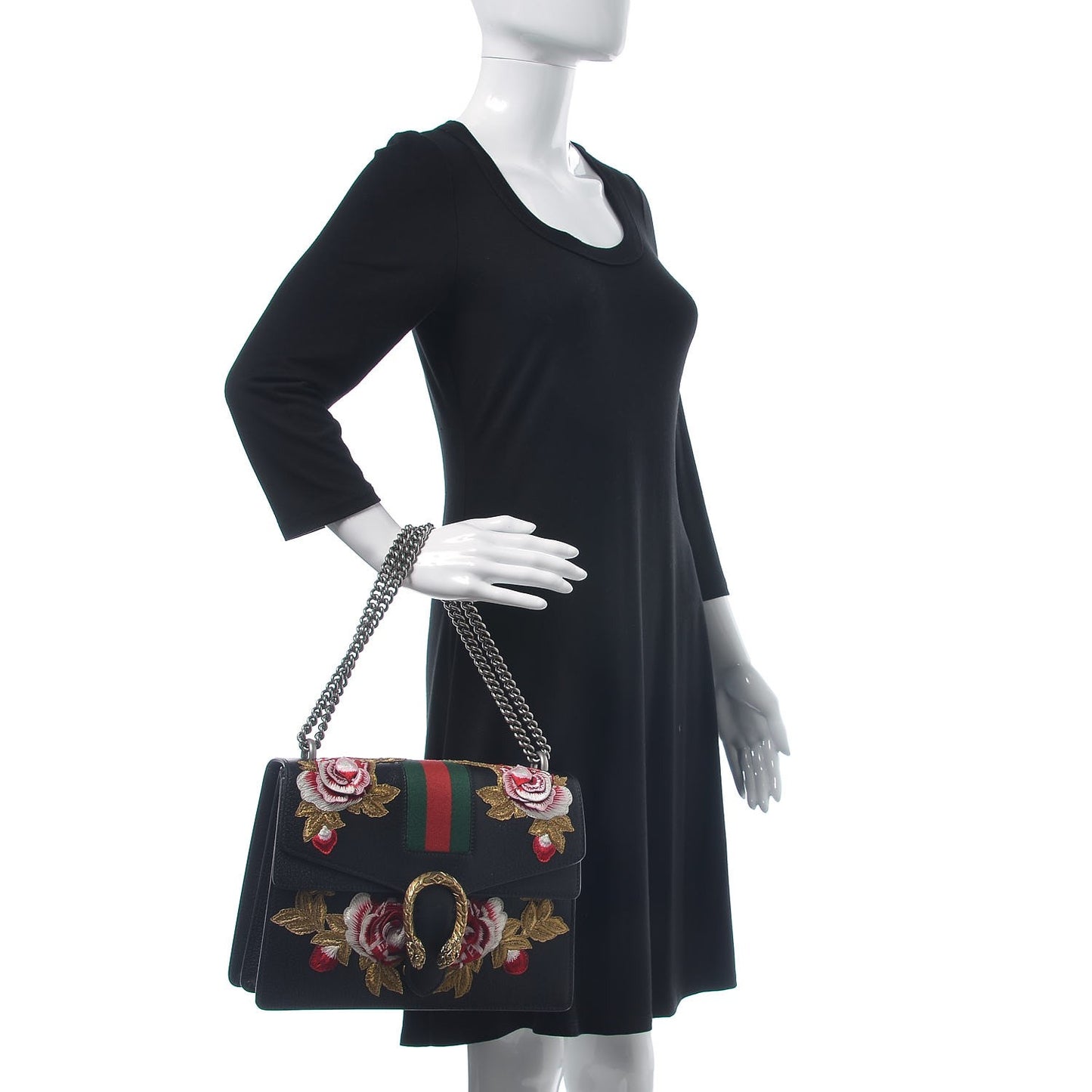Calfskin Web Floral Embroidered Medium Dionysus Shoulder Bag Black