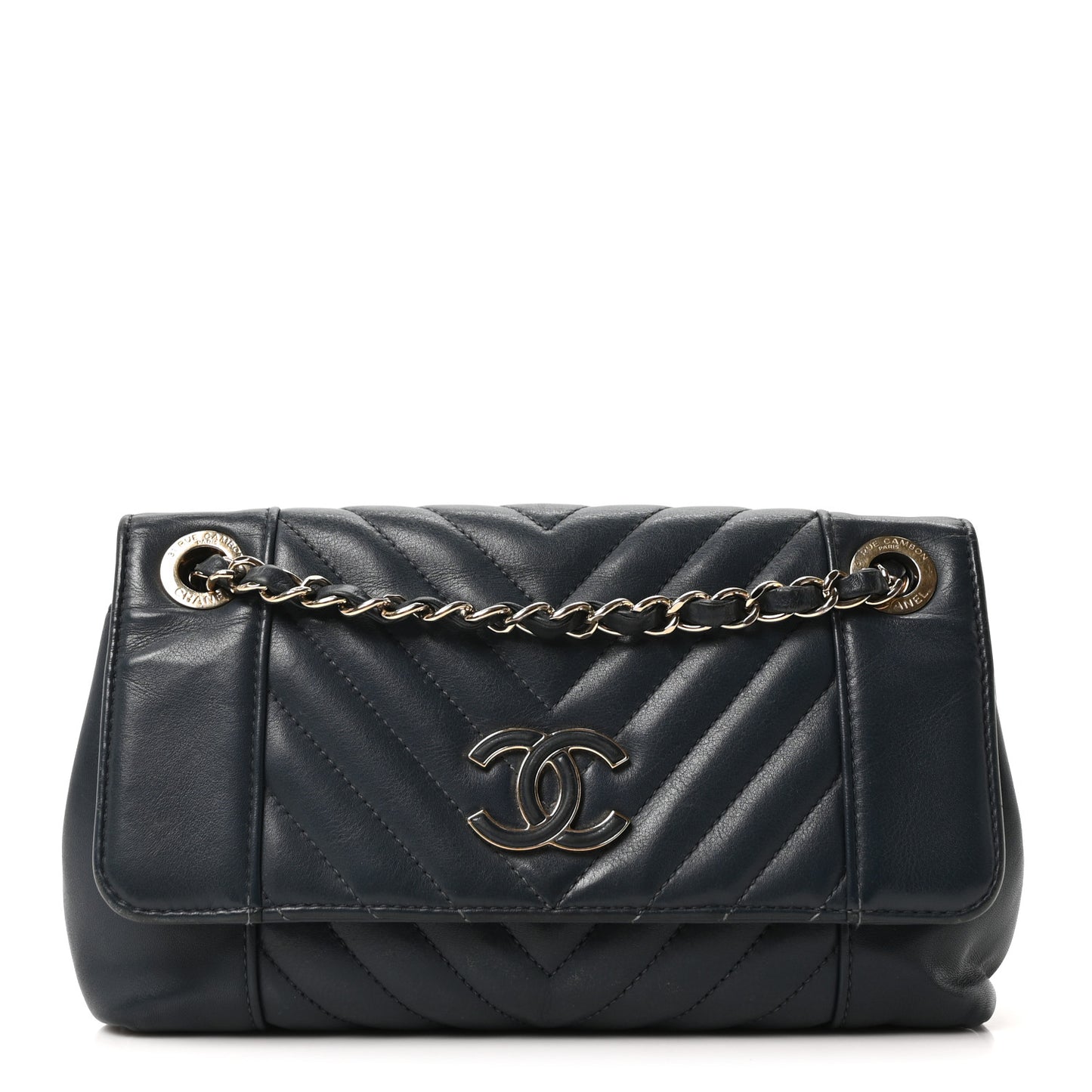 Calfskin Quilted Medium Daily Chevron Flap Navy Blue