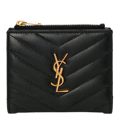 Saint Laurent Grain De Poudre Matelasse Chevron Monogram Zipped Card Case Black 1 of 22