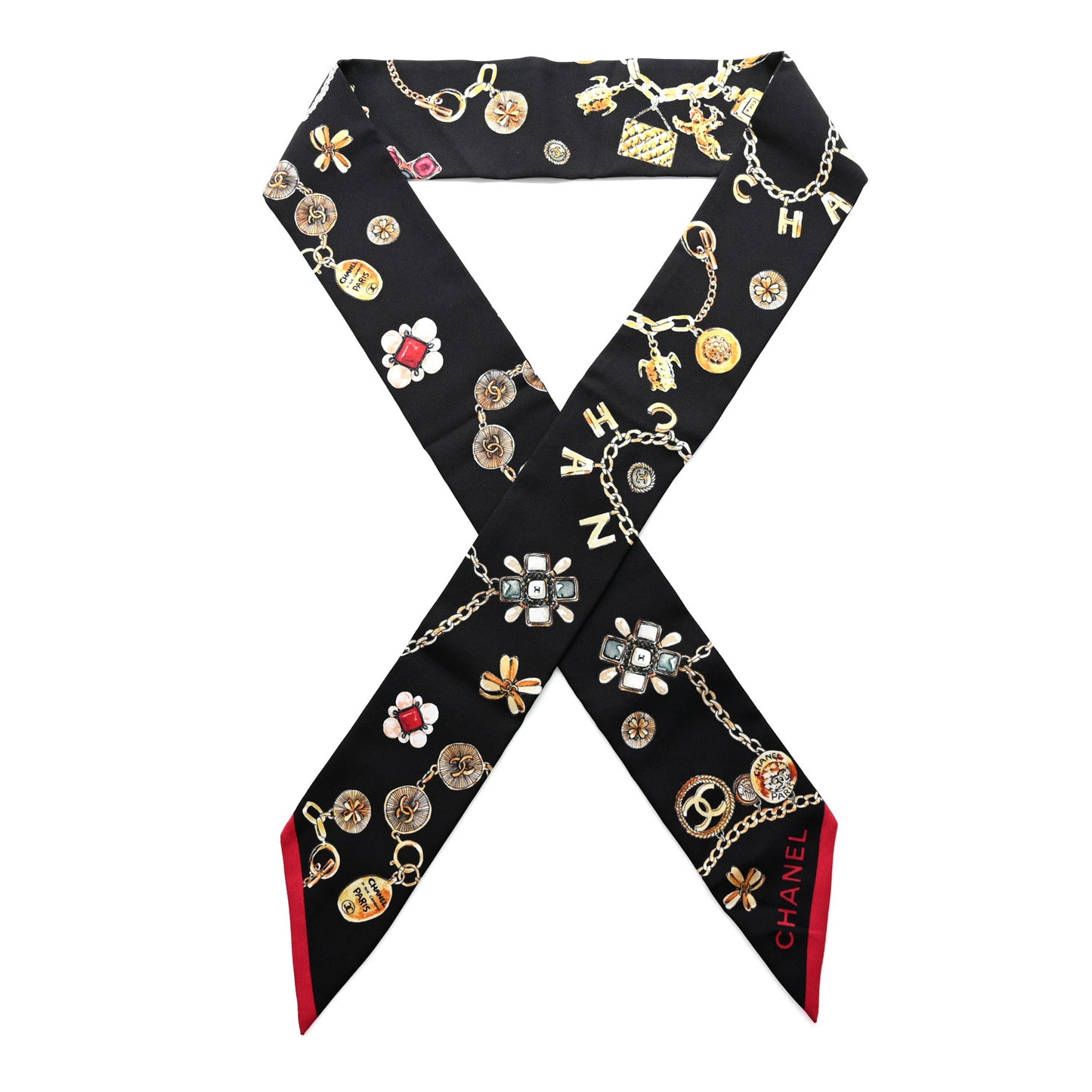 Silk CC Chain Slim Medallion Bandeau Scarf Black Multicolor