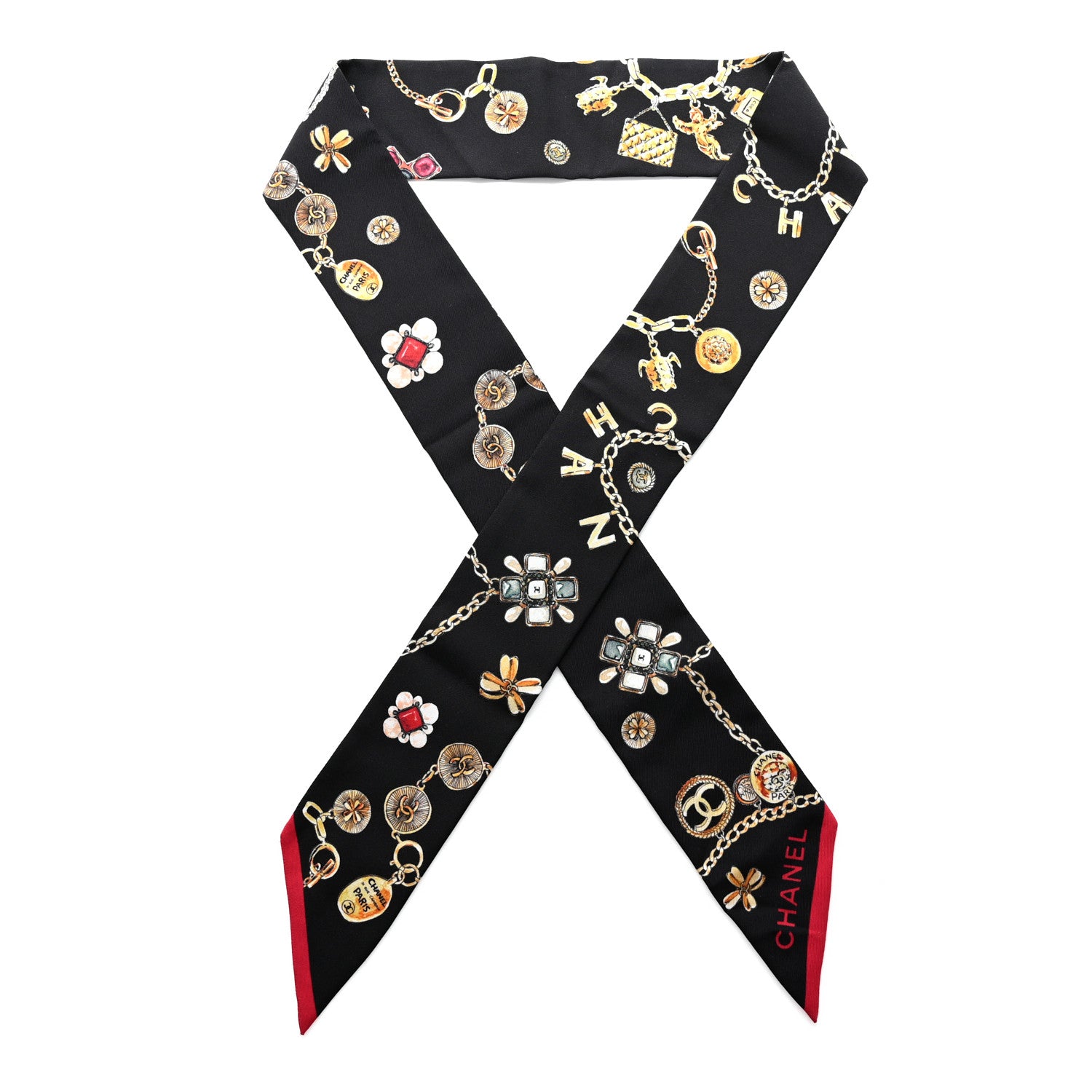 Chanel Silk CC Chain Slim Medallion Bandeau Scarf Black Multicolor 1 of 4