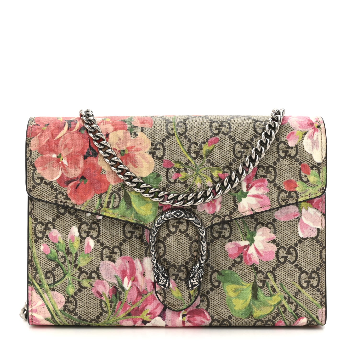 GG Supreme Monogram Blooms Mini Dionysus Chain Wallet Beige Multicolor Dry Rose