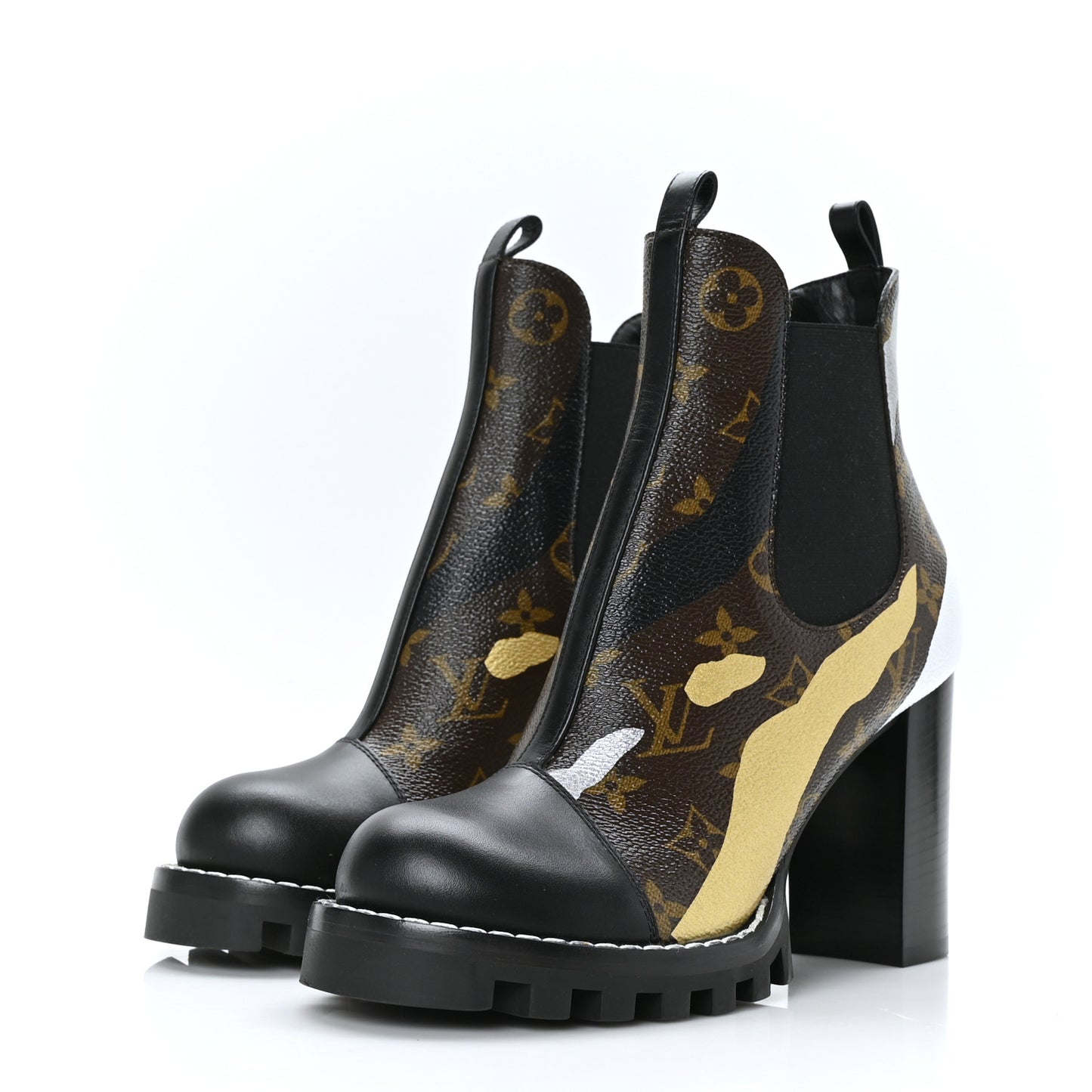 X LOL Patent Calfskin Monogram Star Trail Chelsea Ankle Boots 38 Gold Silver