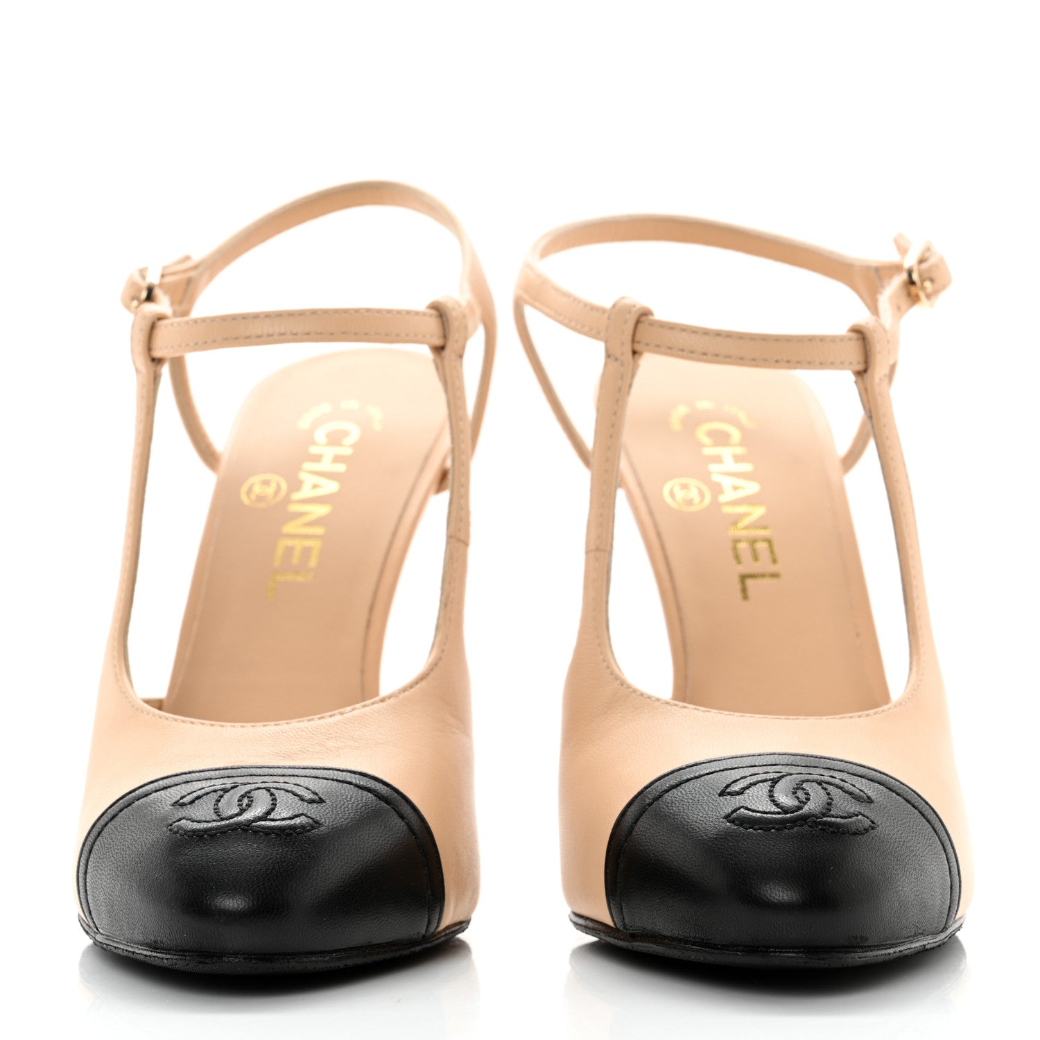 Chanel Lambskin Cap Toe CC Slingback Pumps 37 Beige Black 2 of 10