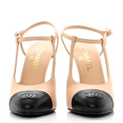 Chanel Lambskin Cap Toe CC Slingback Pumps 37 Beige Black 2 of 10