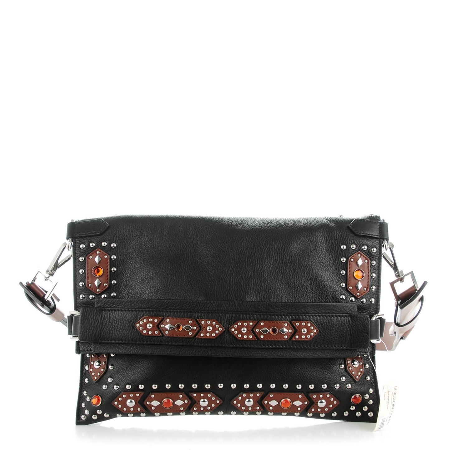 Calfskin Studded Postino Fold Over Shoulder Bag Black Pattern