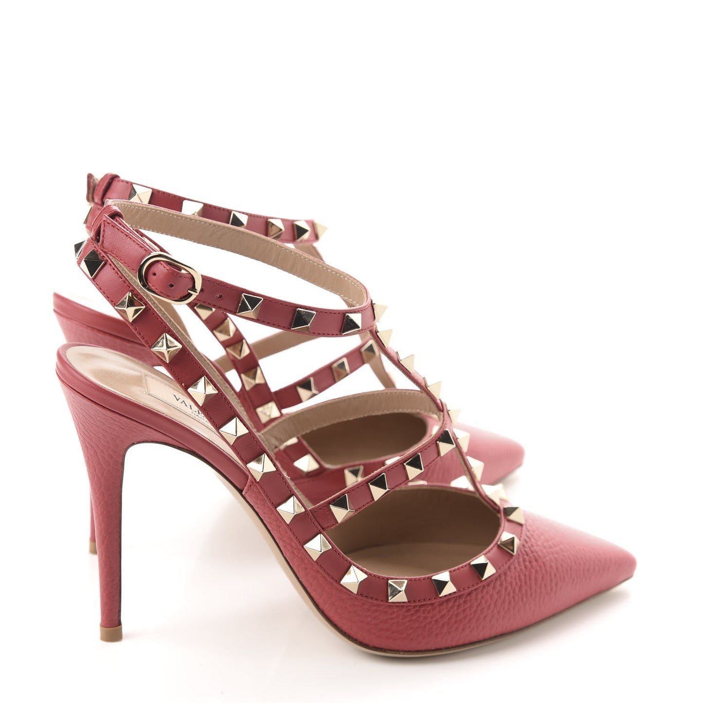 Pebbled Calfskin Rockstud Ankle Strap 100mm Pumps 39.5 Rock Pink