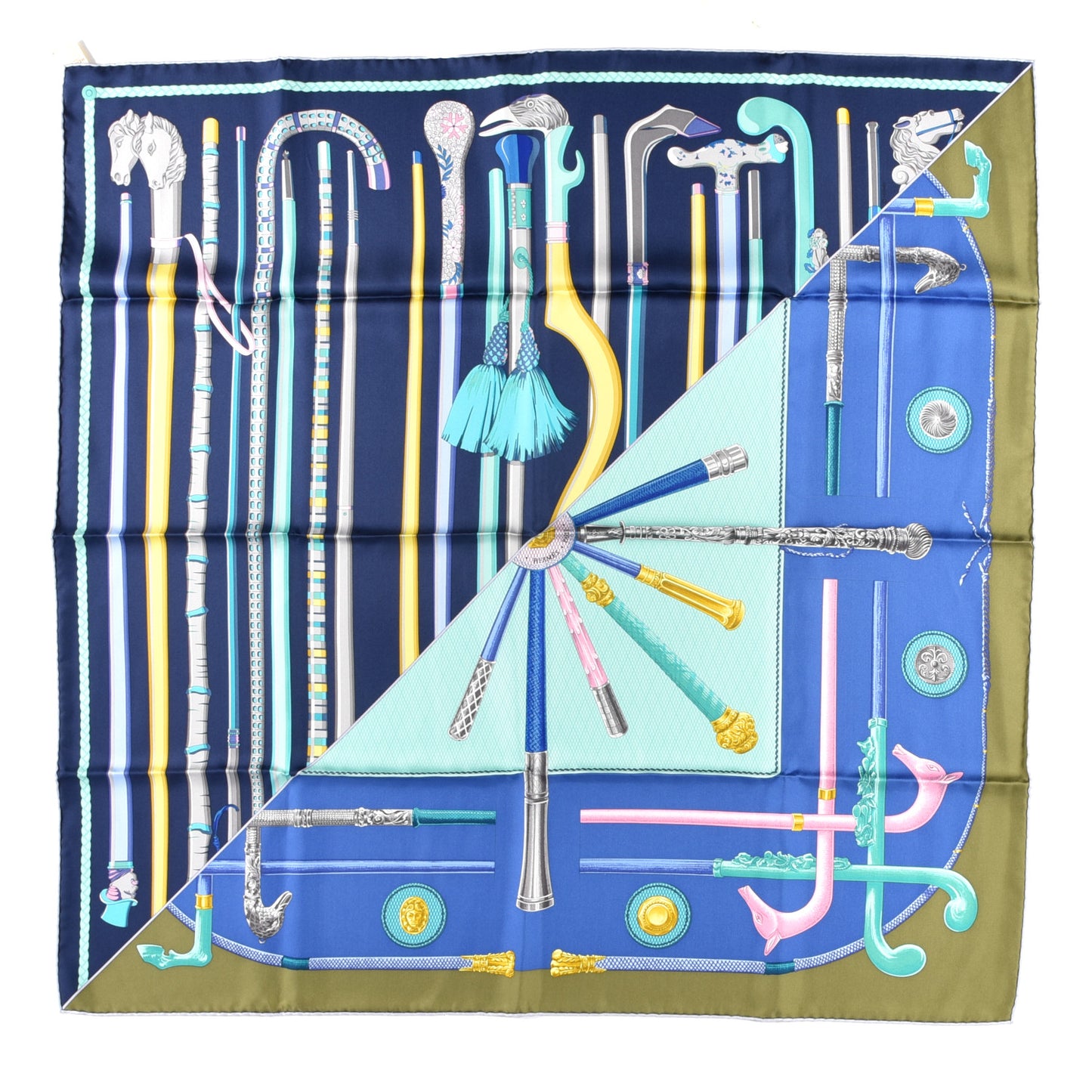 Silk Cannes Et Cannes Scarf 90 Marine Myosotis Jaune Vif