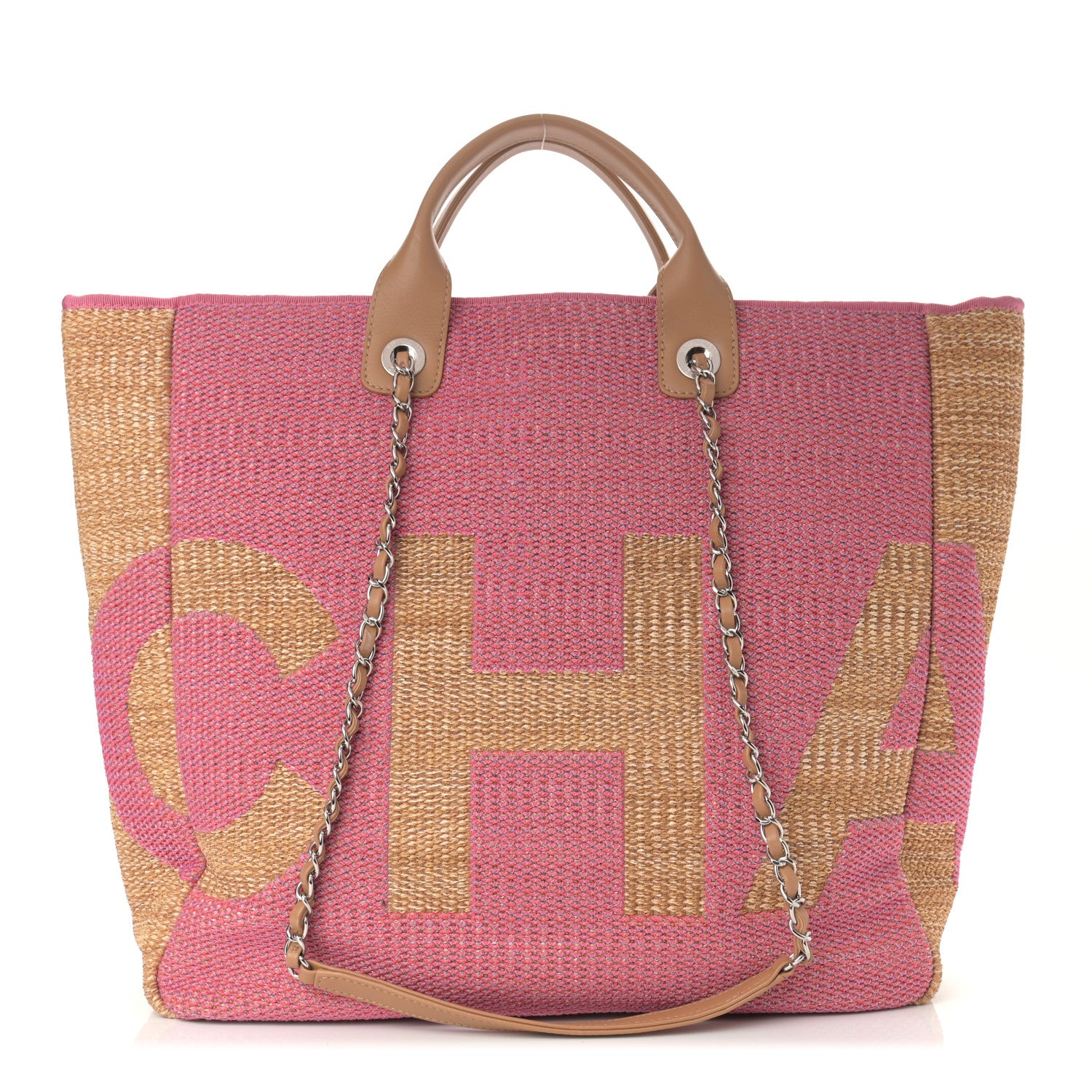 Chanel Woven Straw Raffia Logo Tote Pink Beige 1 of 11