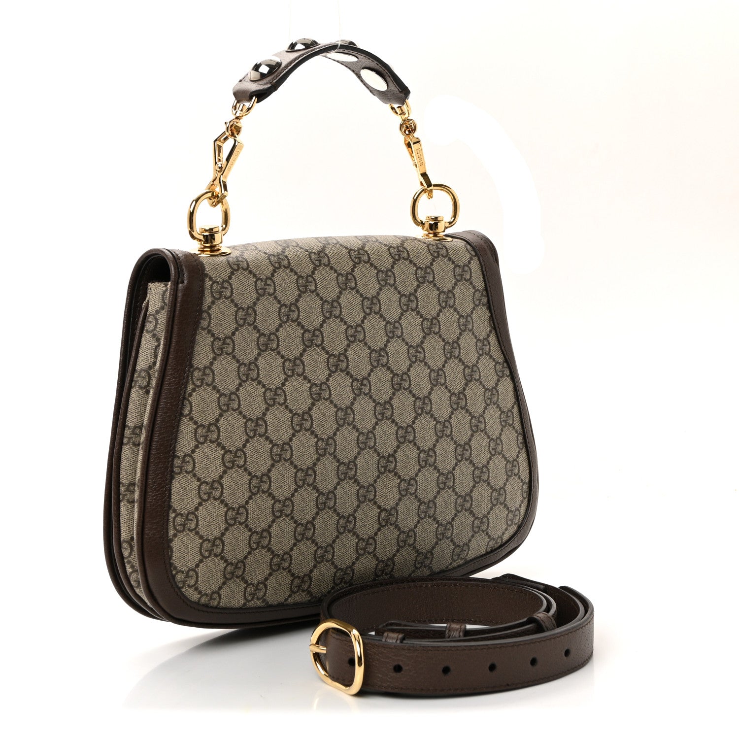 Gucci GG Supreme Monogram Textured Dollar Calfskin Web Medium Blondie Top Handle Shoulder Flap Bag Beige Ebony New Acero 4 of 19