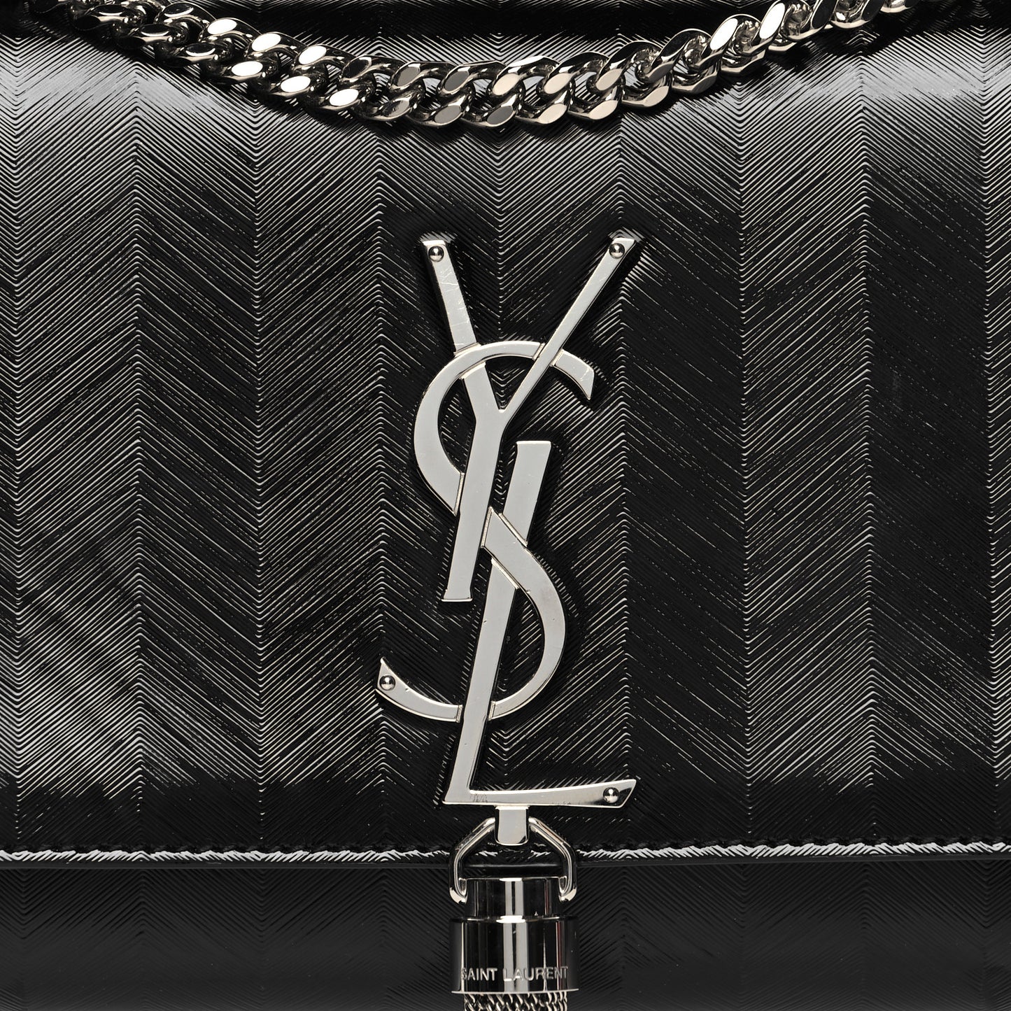 Patent Textured Striped Small Classic Monogram Kate Tassel Satchel Black