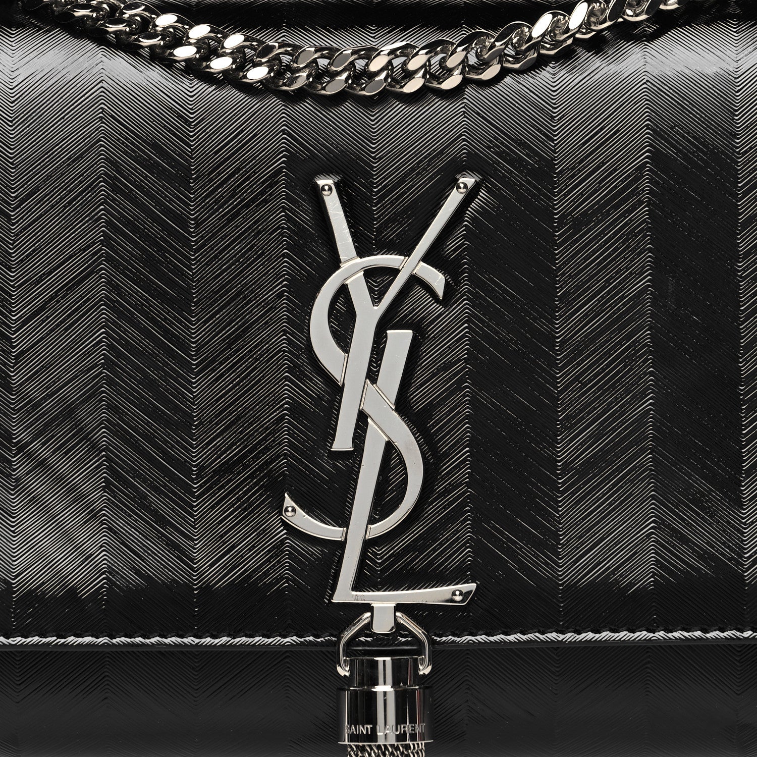 Saint Laurent Patent Textured Striped Small Classic Monogram Kate Tassel Satchel Black 8 of 10