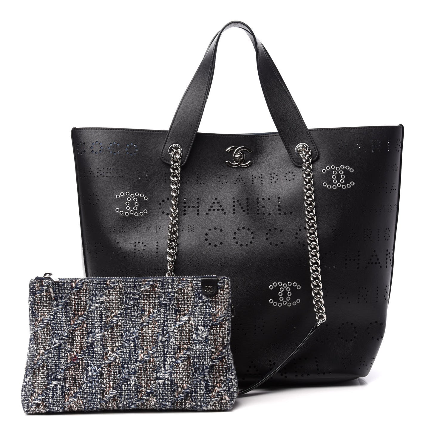 Calfskin Tweed Small Logo Eyelets Shopping Tote Black