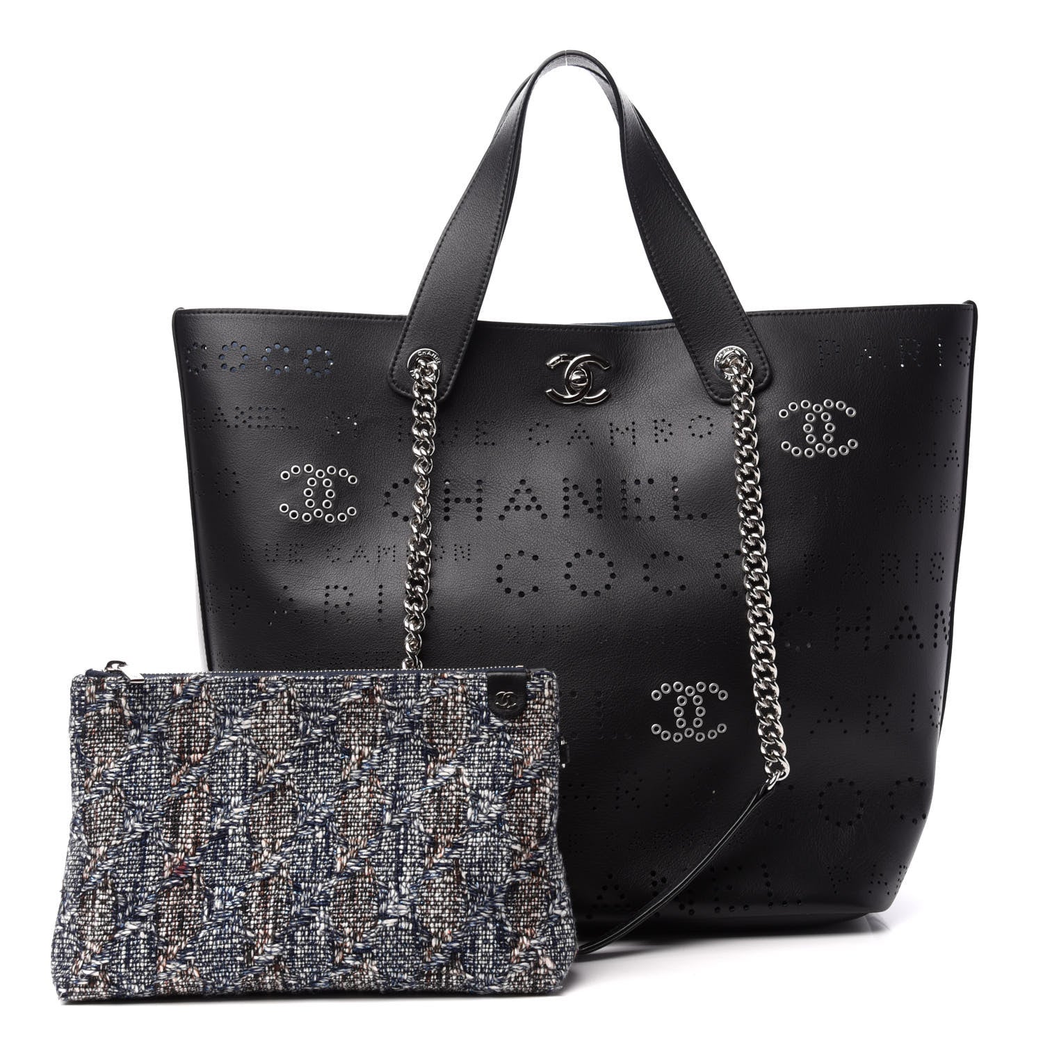 Chanel Calfskin Tweed Small Logo Eyelets Shopping Tote Black 3 of 11