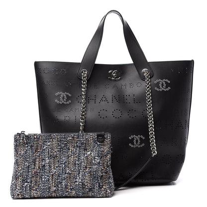 Chanel Calfskin Tweed Small Logo Eyelets Shopping Tote Black 3 of 11