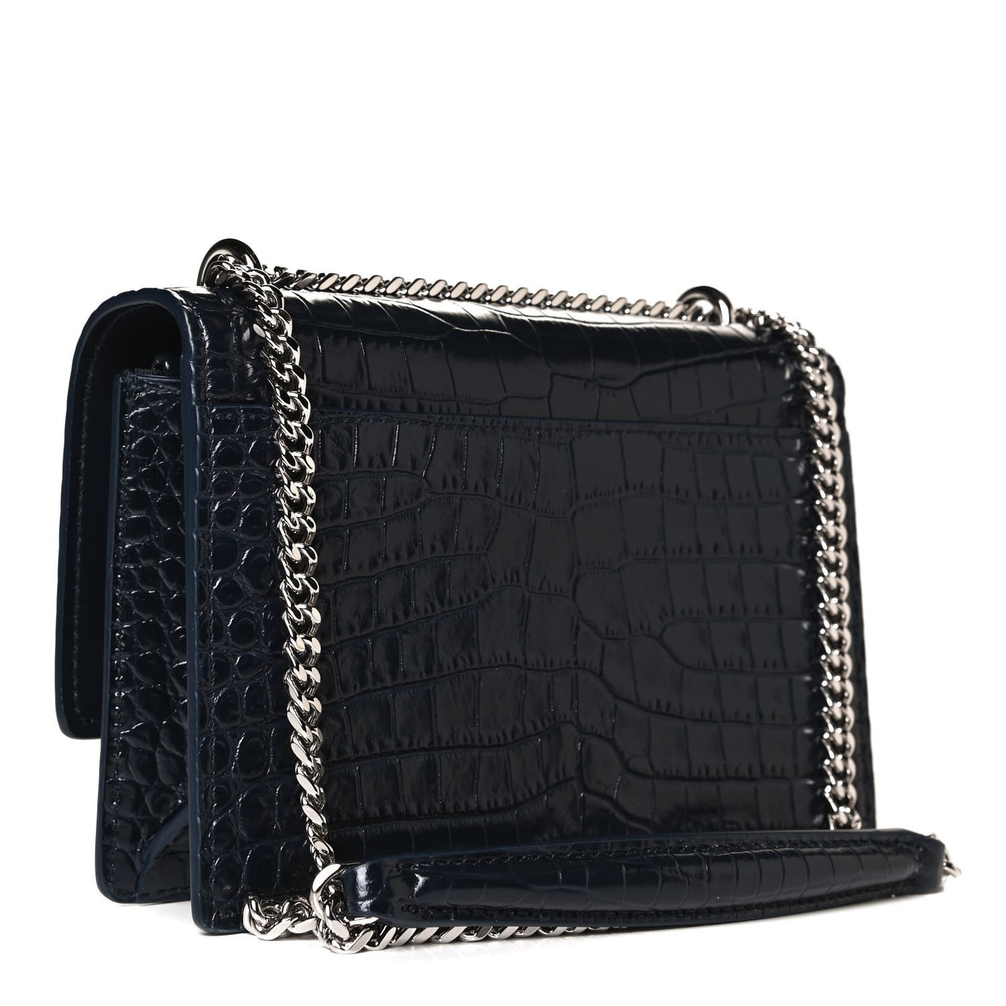 Calfskin Crocodile Embossed Monogram Sunset Chain Wallet Navy