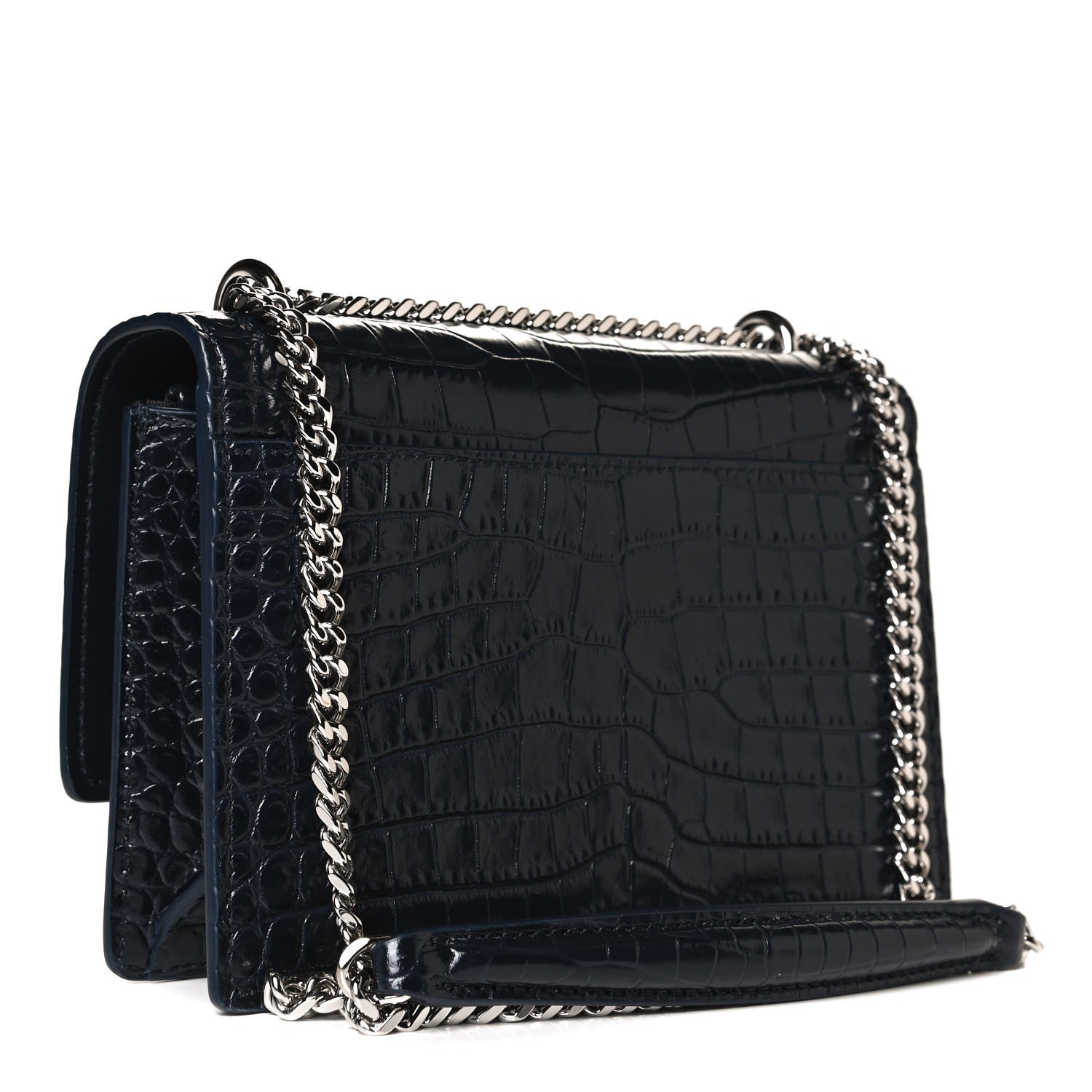 Saint Laurent Calfskin Crocodile Embossed Monogram Sunset Chain Wallet Navy 4 of 12