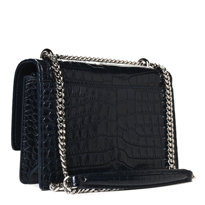 Saint Laurent Calfskin Crocodile Embossed Monogram Sunset Chain Wallet Navy 4 of 12