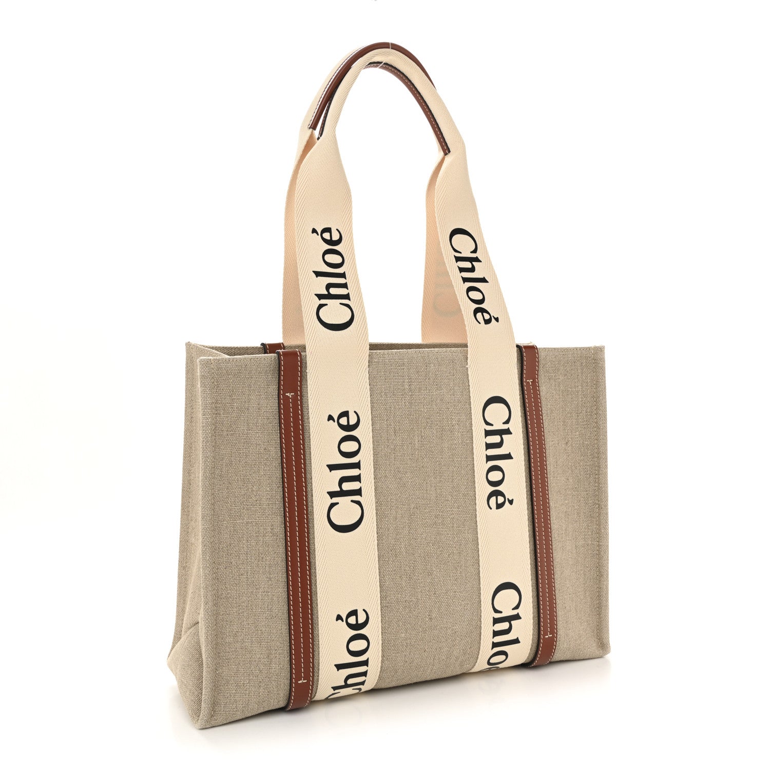 Chloe Linen Calfskin Medium Woody Ribbon Tote White Brown 3 of 10