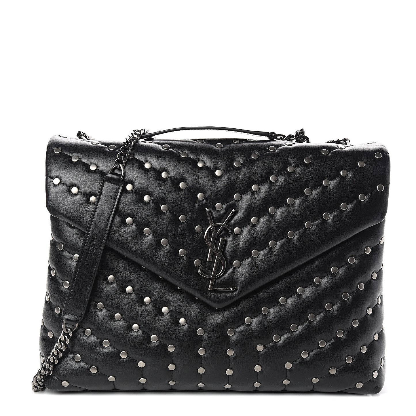 Calfskin Studded Y Quilted Monogram Medium Loulou Chain Satchel Black