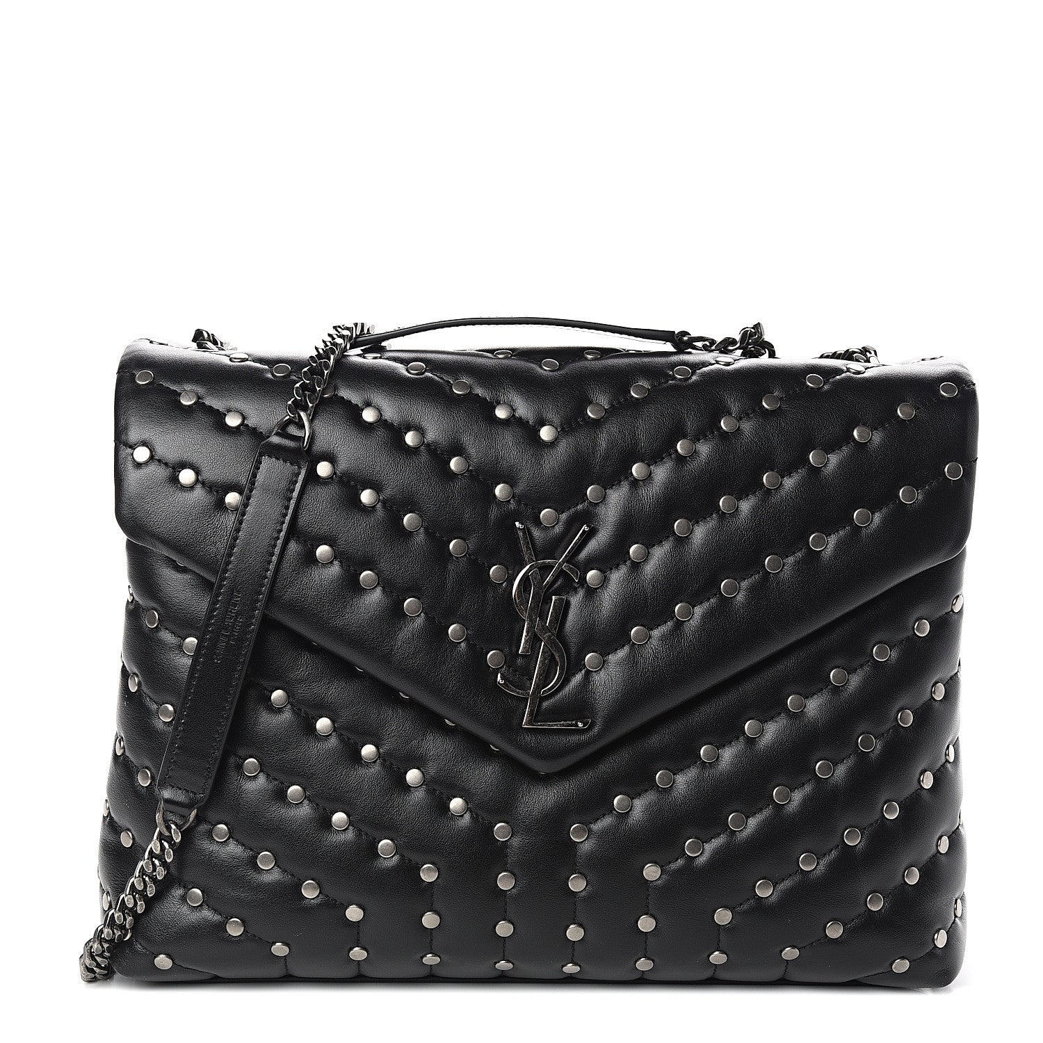 Saint Laurent Calfskin Studded Y Quilted Monogram Medium Loulou Chain Satchel Black 1 of 9