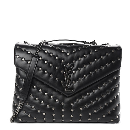 Saint Laurent Calfskin Studded Y Quilted Monogram Medium Loulou Chain Satchel Black 1 of 9