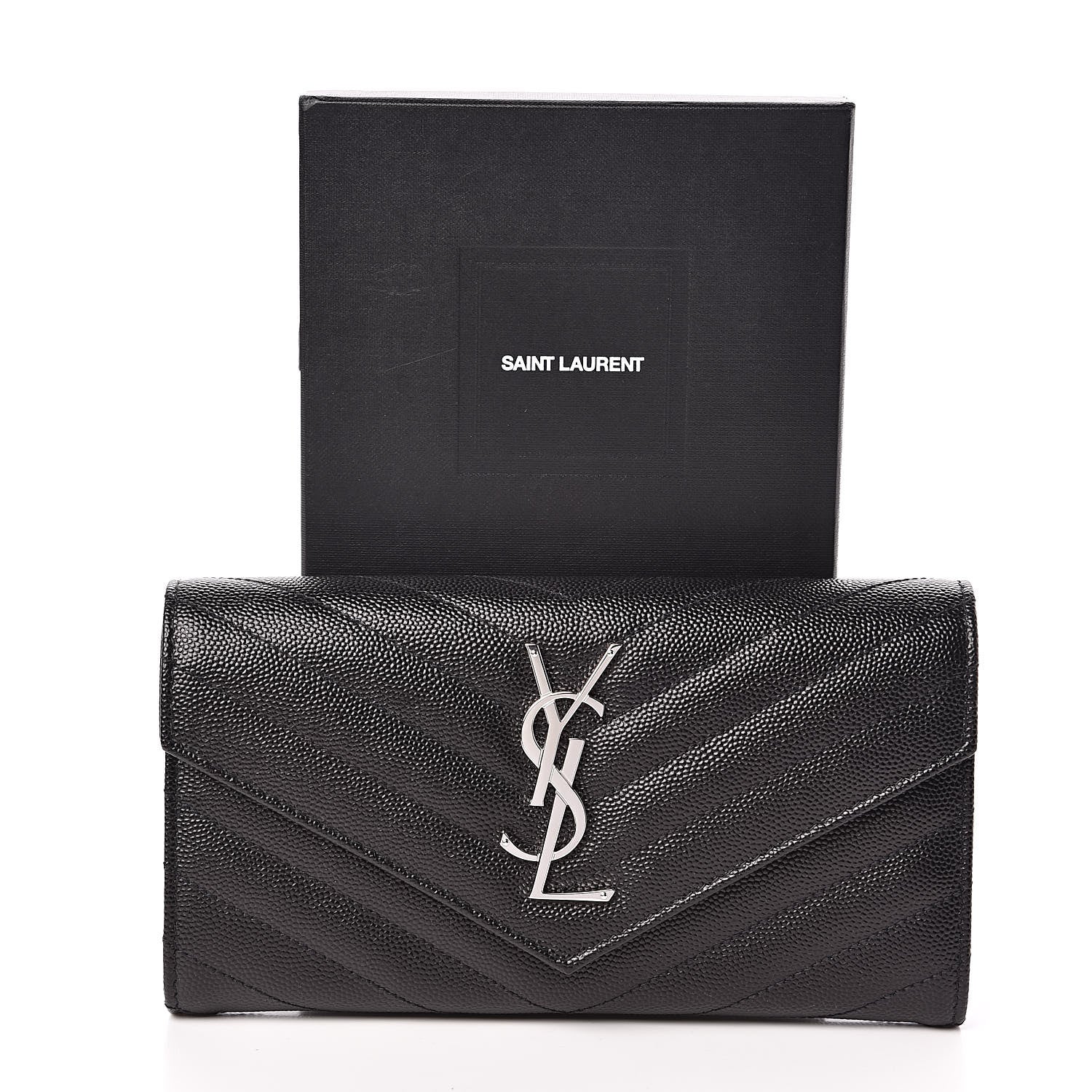 Saint Laurent Grain De Poudre Matelasse Chevron Monogram Flap Wallet Black 8 of 8